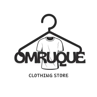 Black and white logo for Omruque Clothing Store, featuring a t-shirt on a hanger and the store name.