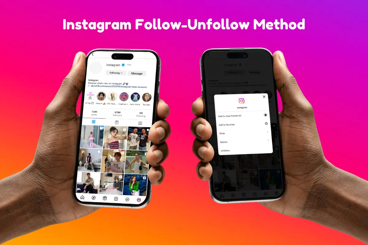 Two hands holding smartphones displaying Instagram profiles and options for managing Instagram growth strategies followers. Background features a vibrant gradient.