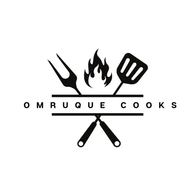 Black and white logo for "Omruque Cooks" featuring crossed barbecue utensils and flames.