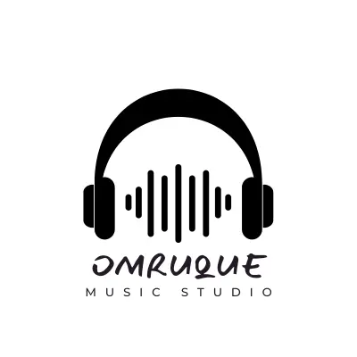 Black logo for OMRUQUE Music Studio featuring headphones and audio wave form.