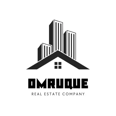 Black and white logo for OMRUQUE Real Estate Company, featuring stylized skyscrapers atop a small house roof.