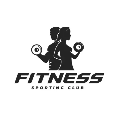Fitness logo featuring silhouettes of a man and woman lifting dumbbells, with the text "FITNESS SPORTING CLUB".