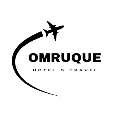 Black logo for OMRUQUE Hotel & Travel, featuring a stylized airplane taking off in a curved path.
