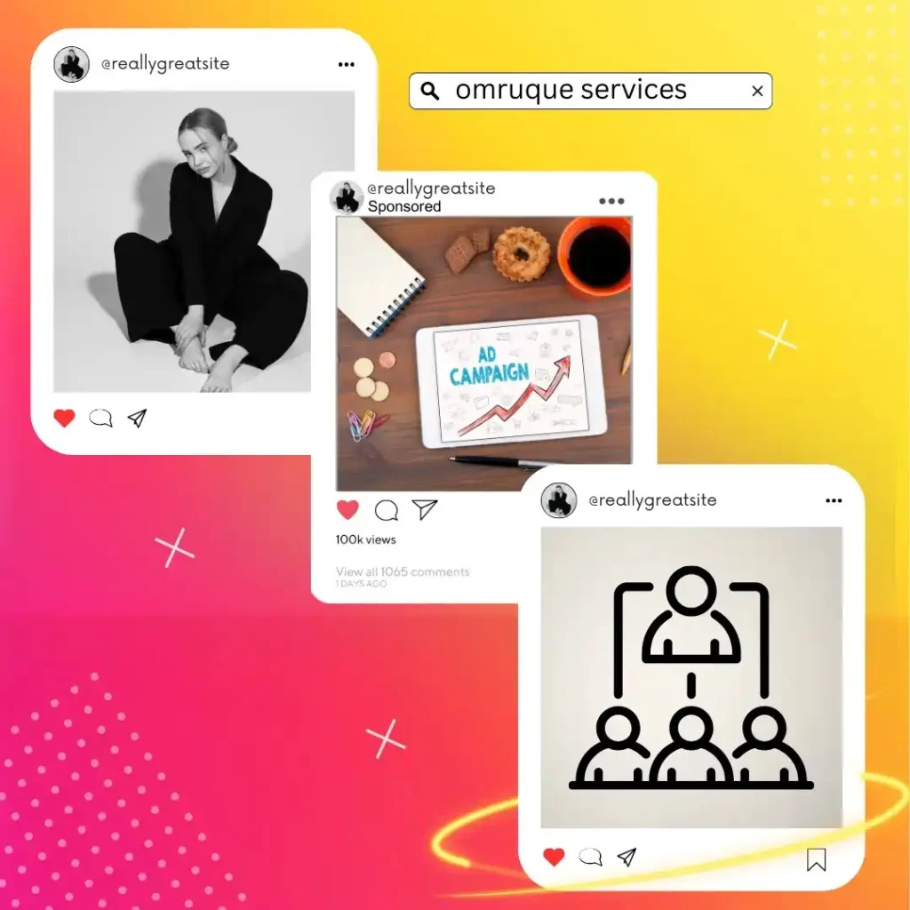 Social media post showcasing a woman, a tablet with an ad campaign graphic, and a team management icon, all related to omruque services. and Organic Instagram Promotion and Strategic Ads.