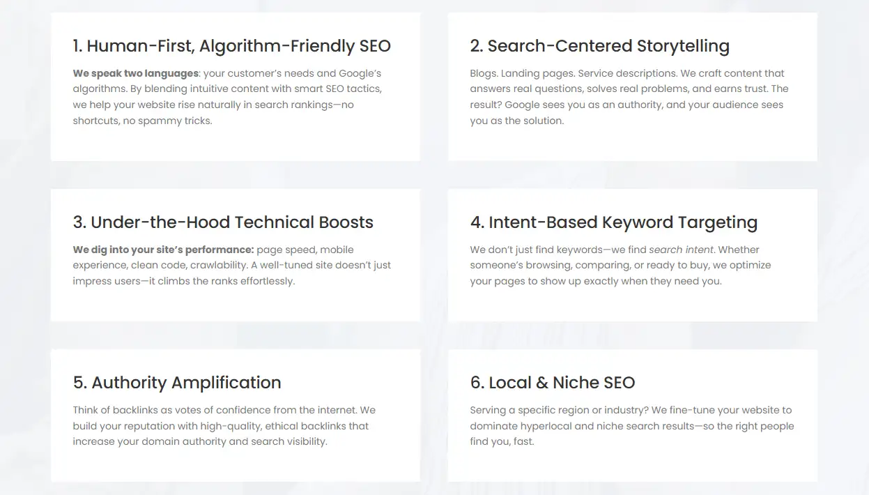 A six-section layout explains SEO strategies: human-first approach, storytelling, technical optimization, keyword targeting, authority building, and local SEO.