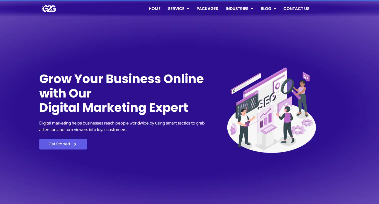 A purple-themed Digital Marketing for Small Businesses by Garage2Global web page with the text 'Grow Your Business Online with Our Digital Marketing Expert.' Illustrations of people analyzing SEO data on screens, conveying a professional and modern tone.