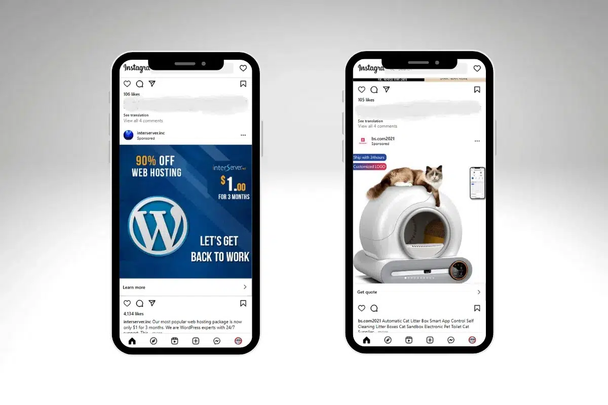 Two smartphones display Instagram posts; the left features a WordPress web hosting ad, highlighting instagram paid marketing, while the right shows a cat sitting on a white automatic litter box.