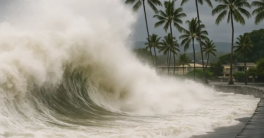 Massive ocean Tsunami Warning wave crashes onto a coastal road lined with tall palm trees under a cloudy sky. The scene conveys a sense of power and impending drama.